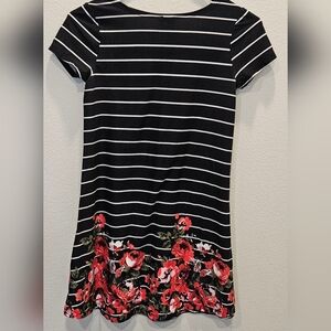 Girls Black Striped Dress with Floral Hem